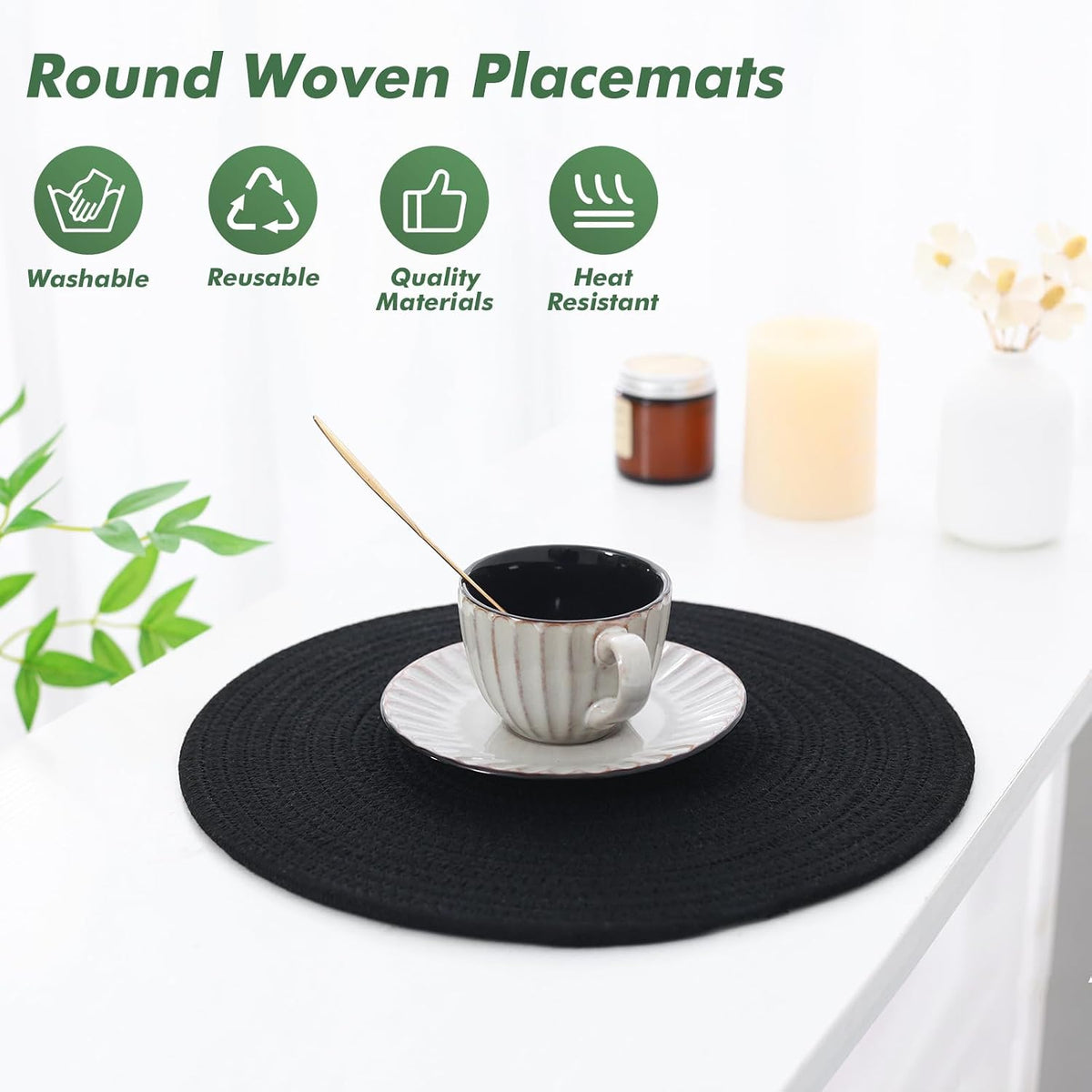 Round Woven Placemats Set of 8 Heat Resistant Placemats 13.5 Inches Farmhouse Cotton Rope Place Mats for Dining Tables
