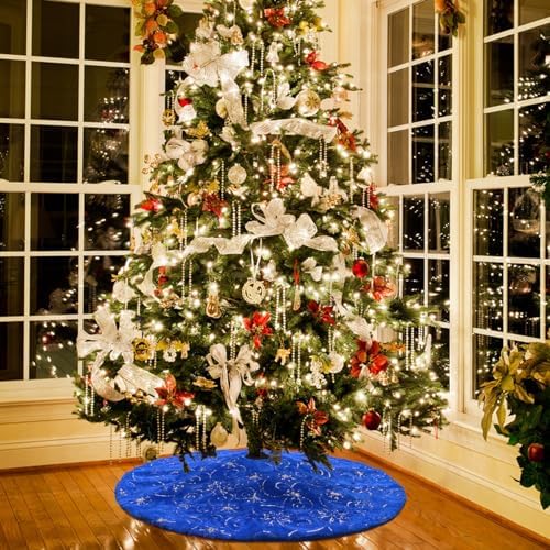 Christmas Tree Skirt Blue 36 inch Silver Christmas Tree Skirt Snowflakes Faux Fur for Xmas Holiday Home Party Decorations
