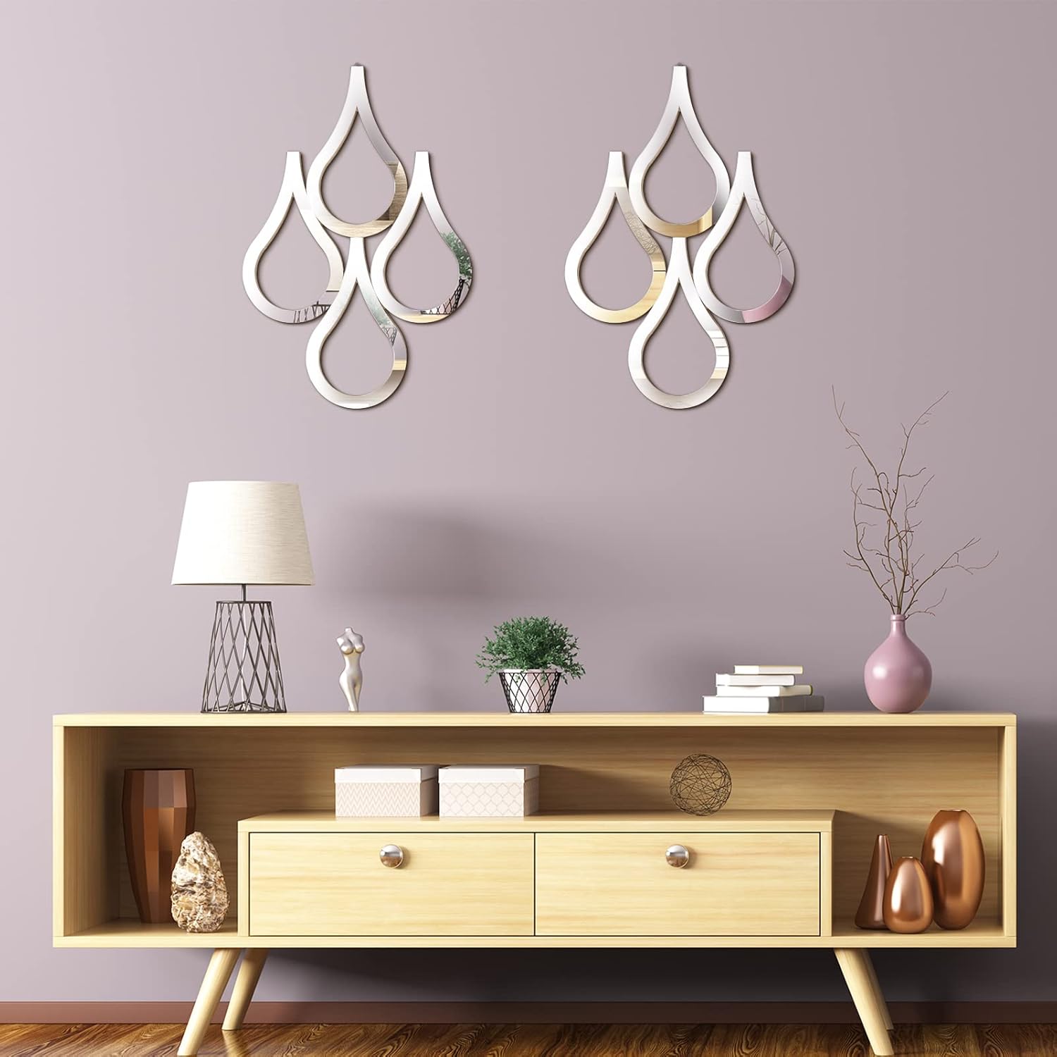 Teardrop Wall Mirror Hanging Wall Mounted Decorative Accent Mirror / Silver / Set of 2