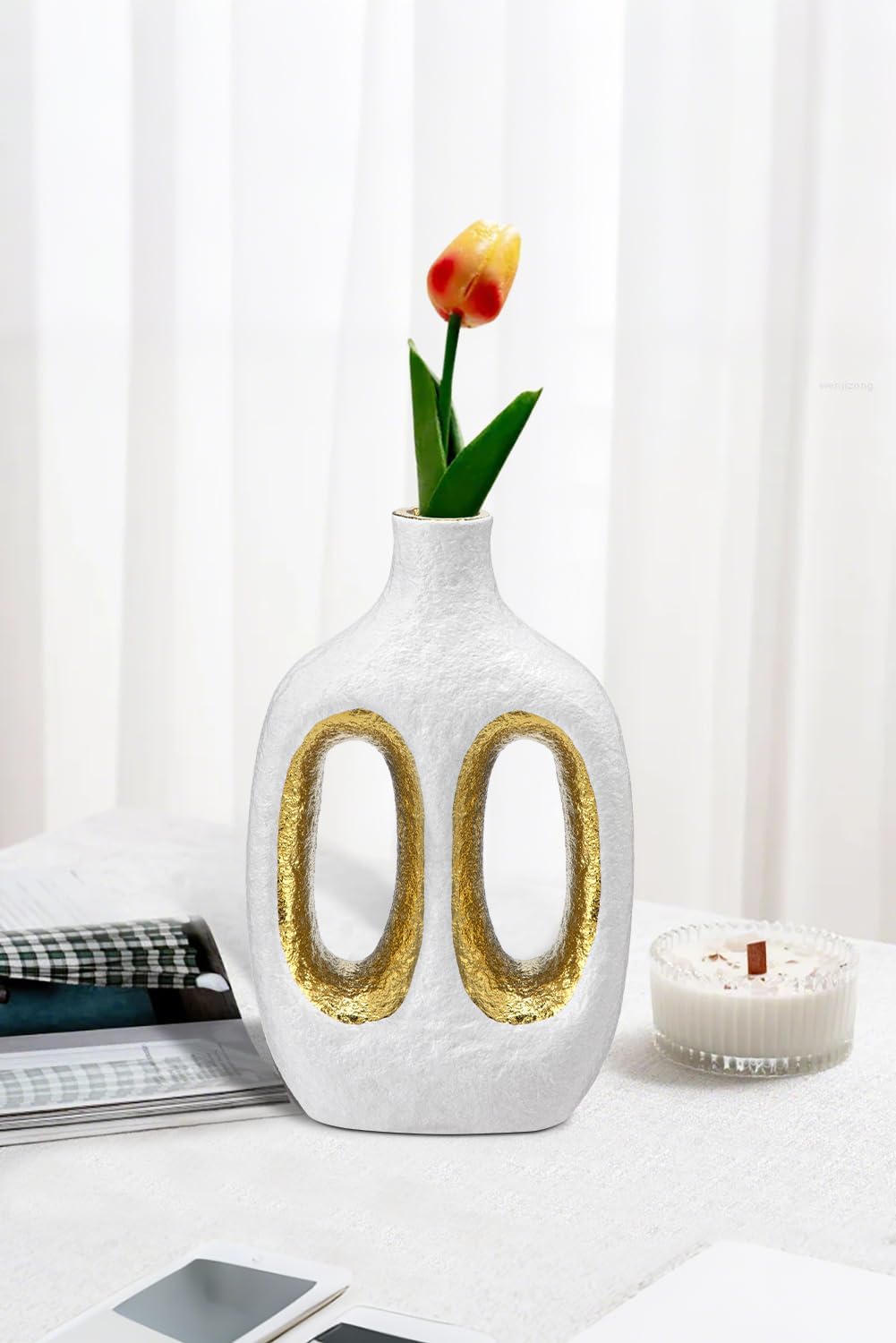 Modern Ceramic Vase Black Vases for Centerpieces Shelf / Double Hole / White + Gold / 9.4 Inch