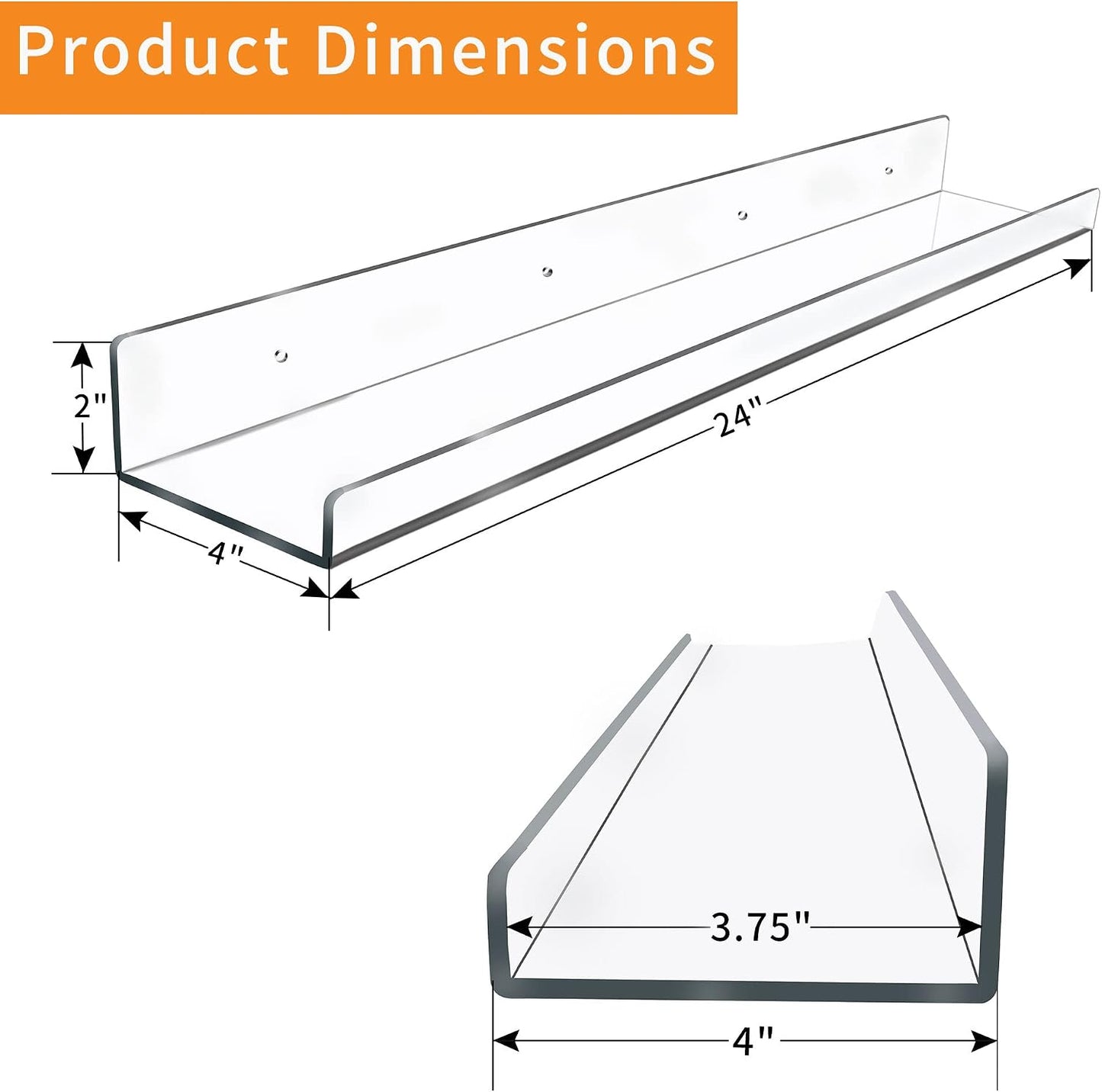 Febwind 24-Inch Long Clear Acrylic Floating Shelves - U Shape Wall Shelf for Book Display, Makeup, Spice Organizer - 2