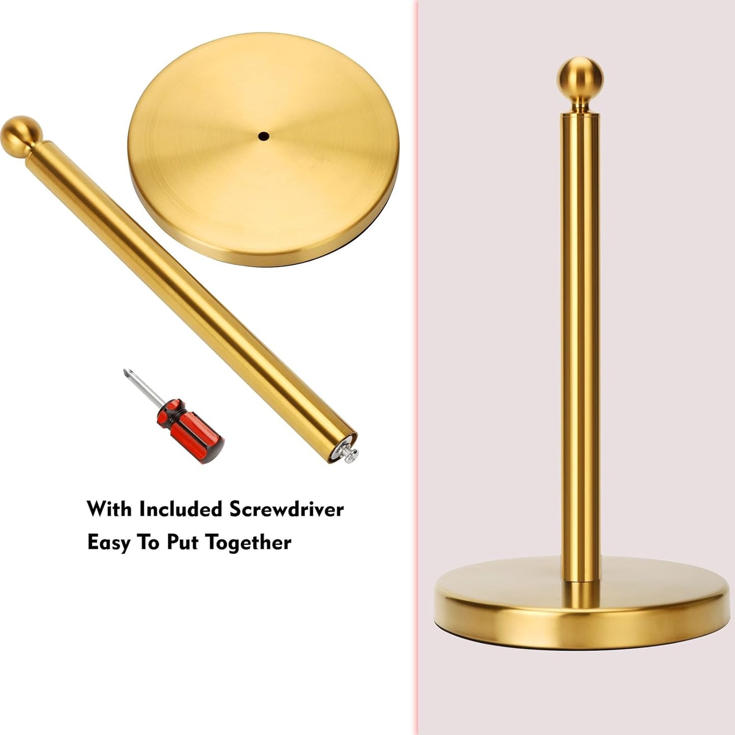Gold Paper Towel Holder Countertop, Standing Paper Towel Roll Holder for Kitchen Bathroom, with Weighted Base for