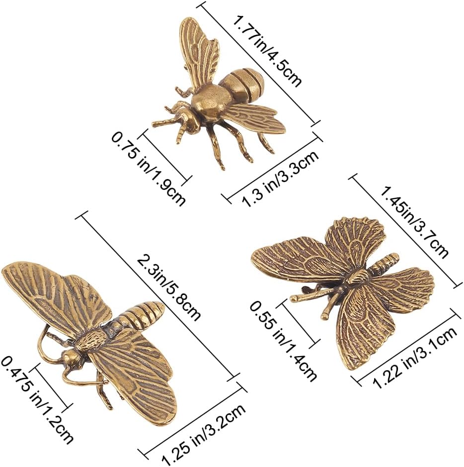 Mini Bee Sculpture Brass Dragonfly Butterfly Decor Ornament Retro Honeybee Good Luck / Set of 3