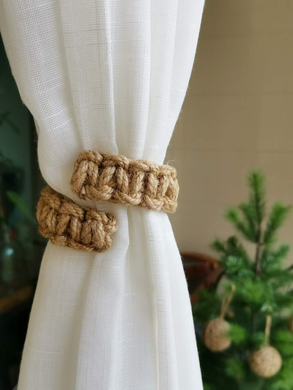 Braided Outdoor Curtain Tiebacks for Drapes, Rustic Curtain holdbacks 4 Pack, Handmade Decorative Curtain Ties for