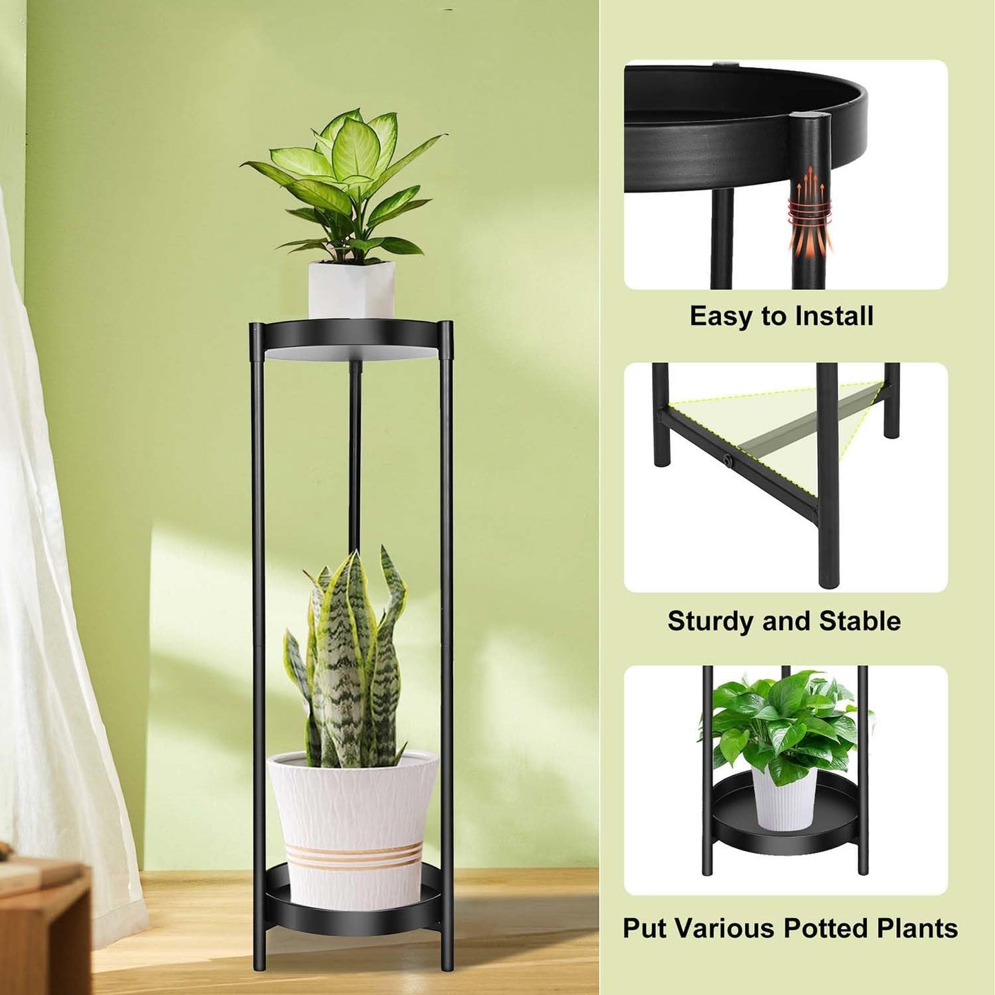 Plant Stand Indoor Outdoor, 2 Tier 24" Tall Black Round Shape Plant Stands | Heavy Duty Metal Plants Shelf, Rustproof