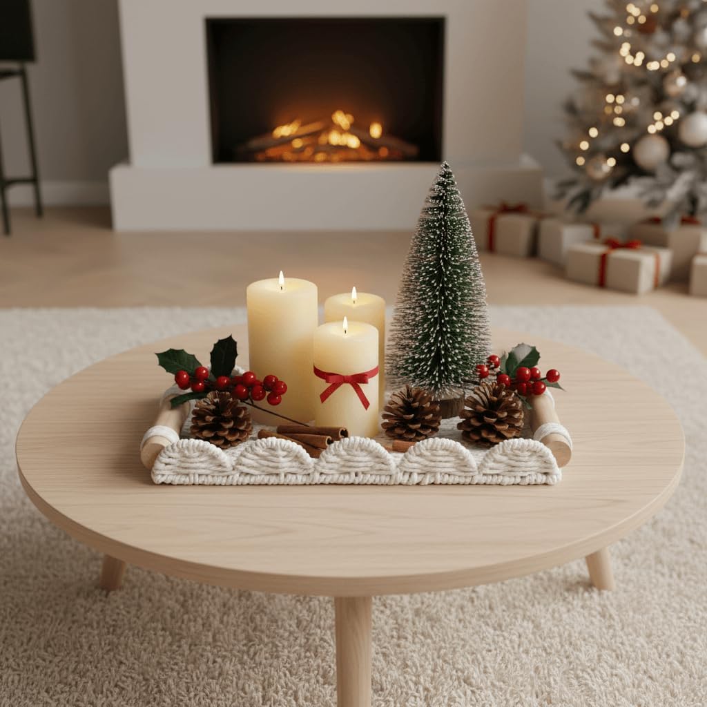 Scalloped Decorative Tray w/Wood Handle for Counter / Cream / 13 x 6.3 x 1.6