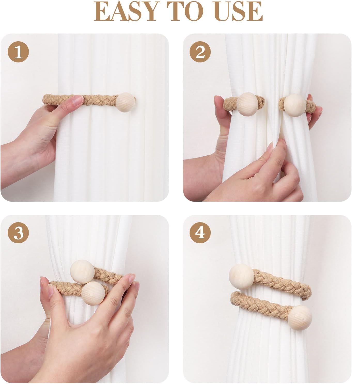 Wooden Ball Decor Curtain Tiebacks Farmhouse Rustic Style Drape Tie Backs / Dark Beige / Set of 4