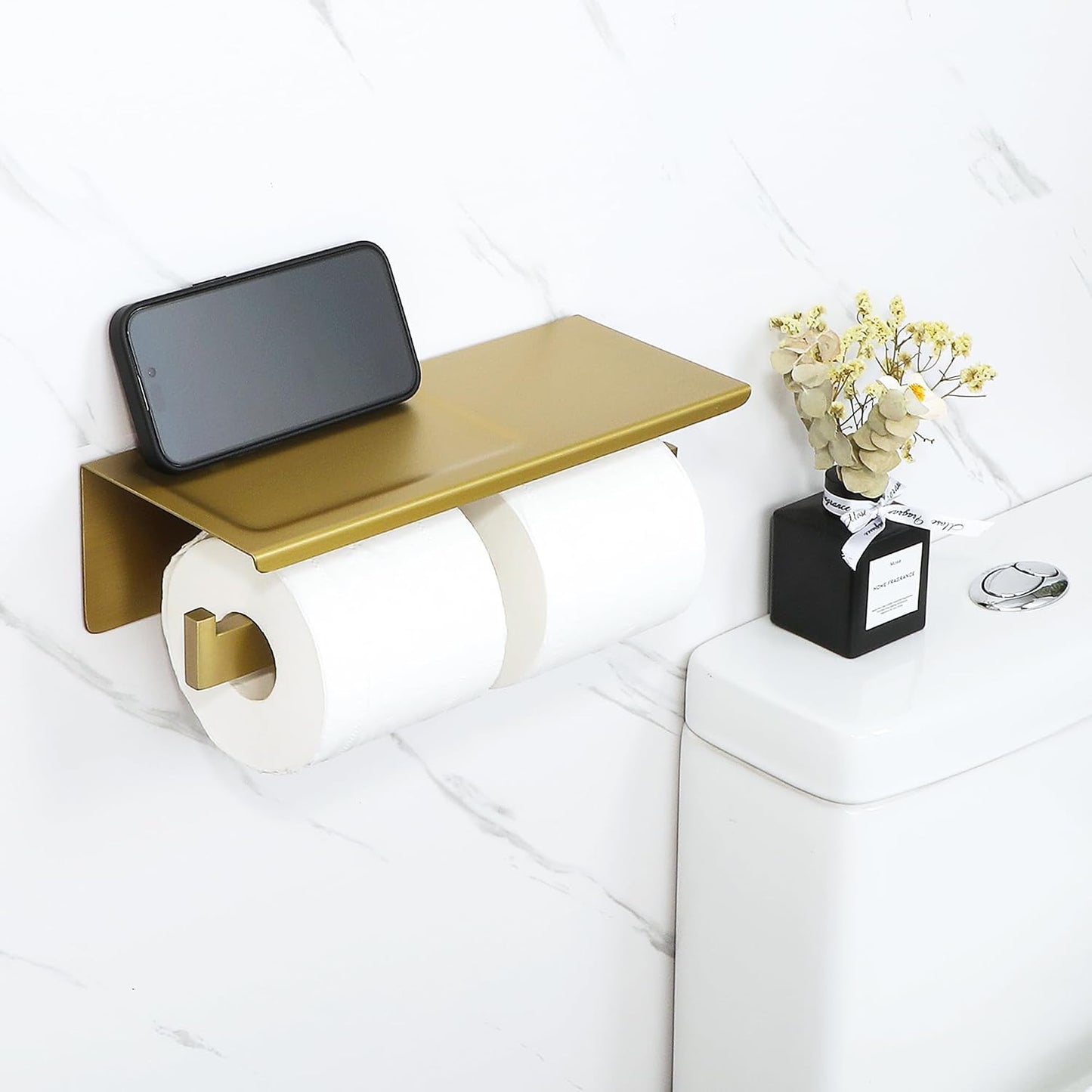 Alise Gold Double Toilet Paper Holder with Shelf,Self Adhesive or Drilling | Bathroom Tissue Holder Wall Mount,SUS304