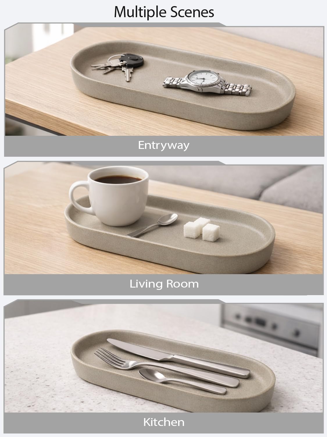 Matte Taupe Ceramic Bathroom Tray for Countertop / Gray