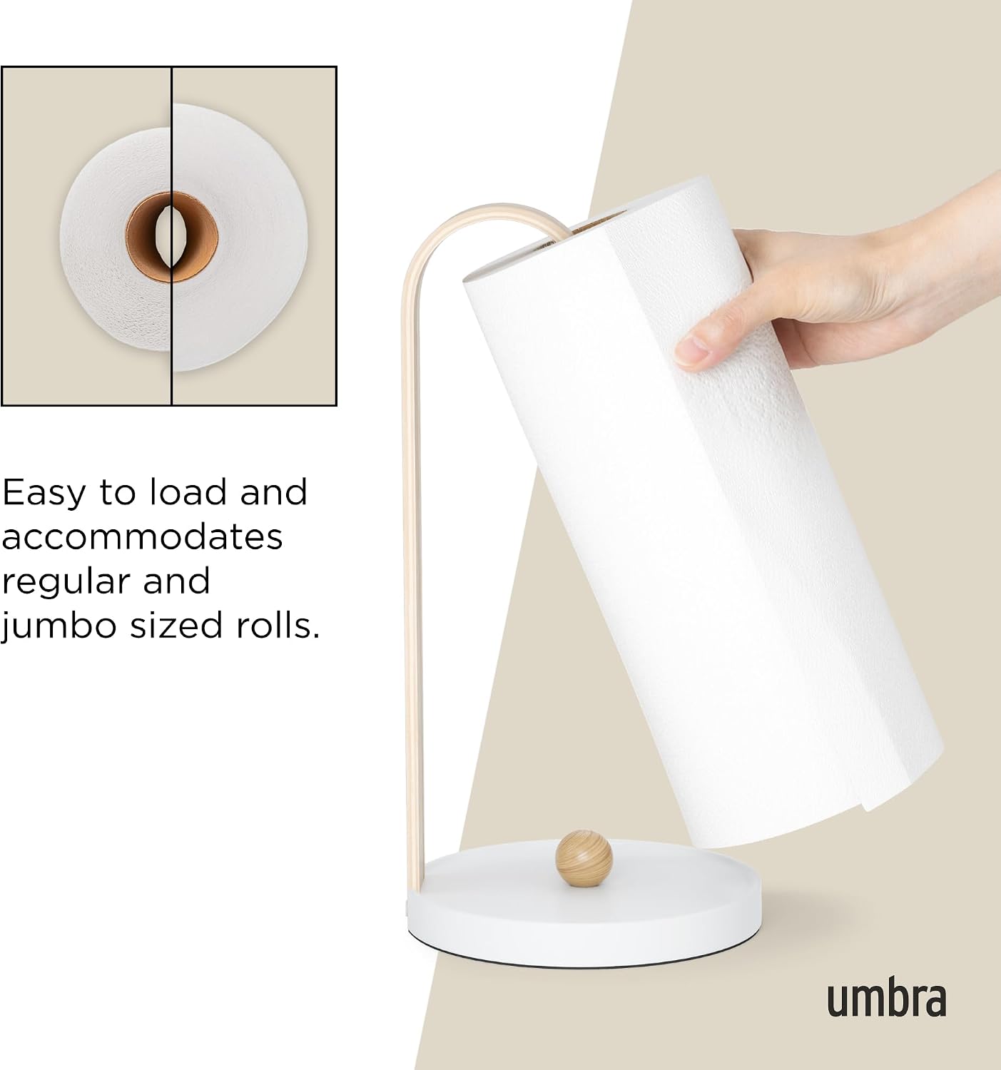Umbra Bellwood Paper Towel Holder, Wooden with Weighted Base, White/Natural | Freestanding design, protects