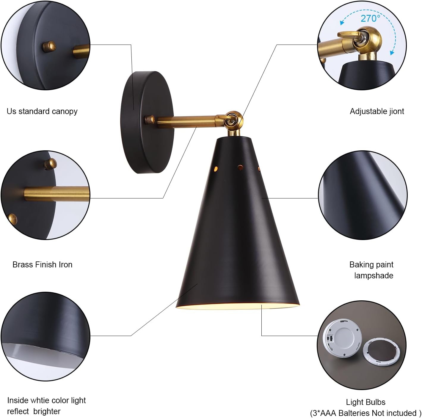 MWZ Black Battery Operated Wall Sconces Set of Two,Wireless Indoor Lighting with Remote Control, Modern Dimmable 2