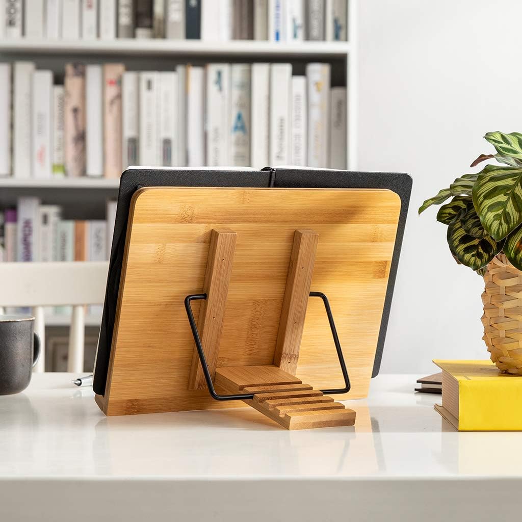 wishacc Bamboo Book Stand for Reading, 13.2" x 9.2" Premium Wooden Cookbook Holder and Recipe Stand for Kitchen