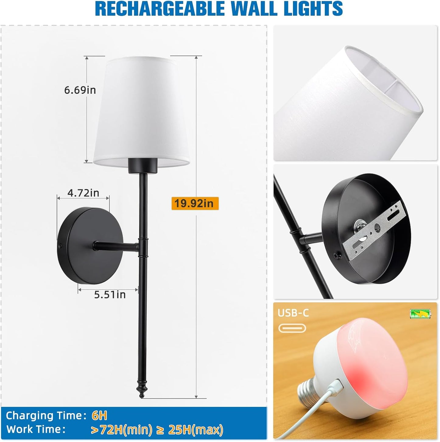 19.9 inch Battery Operated Wall Sconce Set of 2,Black Rechargeable Wall Lights with 10400mAh Dimmable Detachable Bulbs