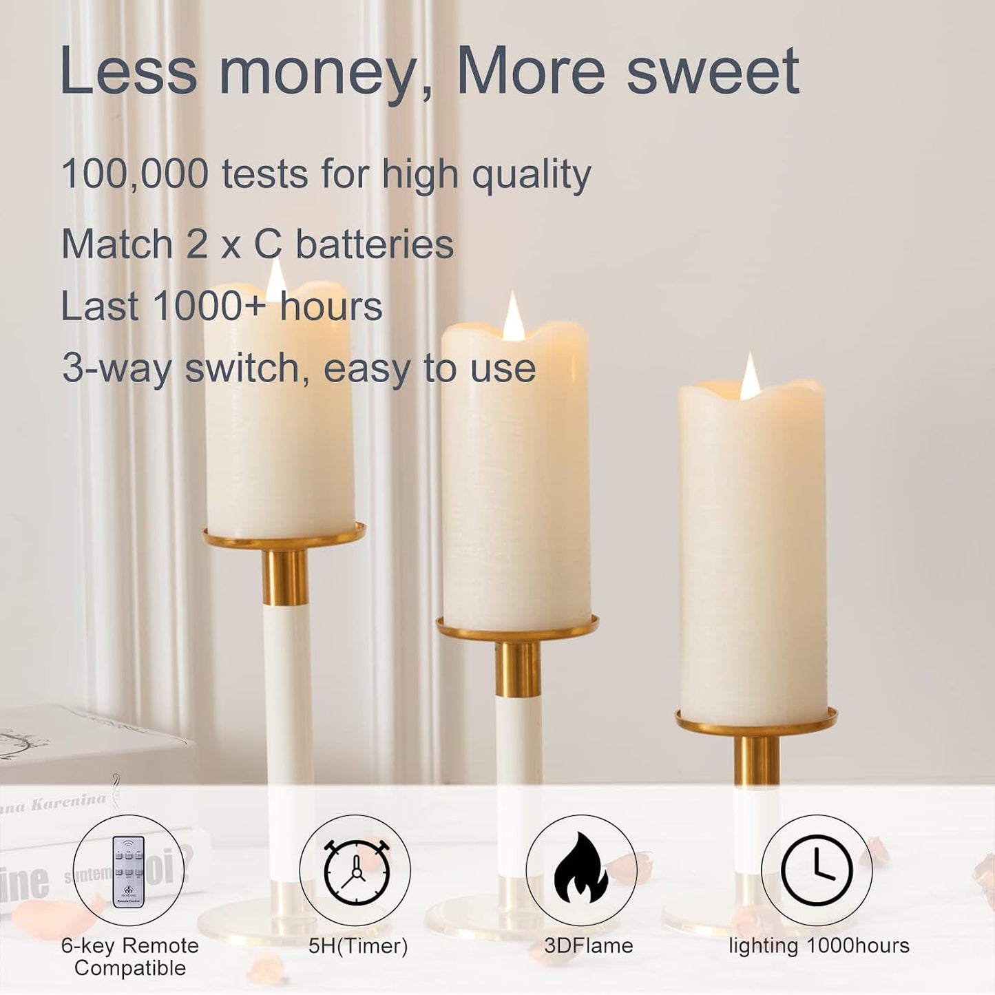 Flickering Flameless Candles with 3D Moving Flame Set of 3(H 5" 6" 7" x D 3"), Last 1000+ Hours Battery Operated