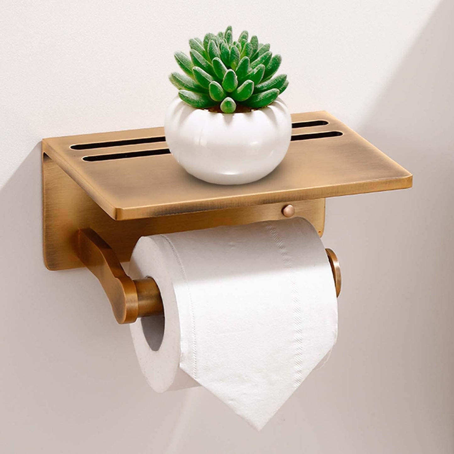 Toilet Paper Holder with Shelf, Aluminum Tissue Roll Dispenser with Mobile Phone Storage Shelf for Bathroom, 3M Self