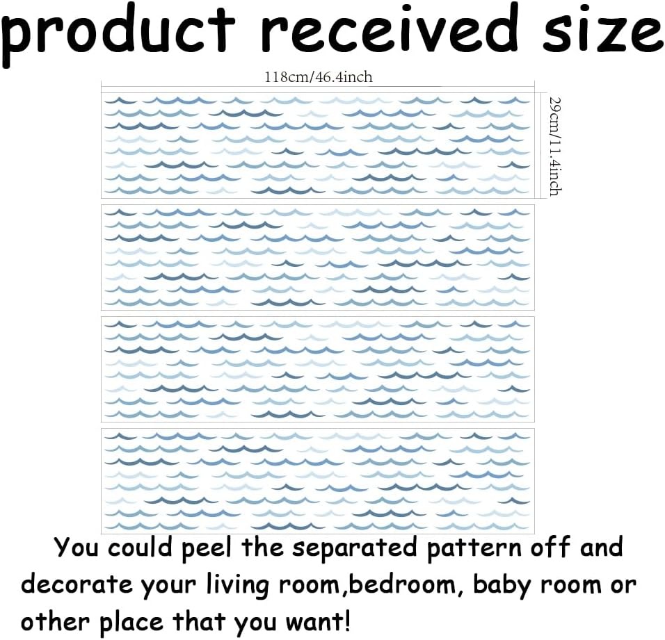 4 Sheets Ocean Wave Wall Stickers Minimalist Sea Waves Wall Decals Curved Lines / Blue / Set of 4