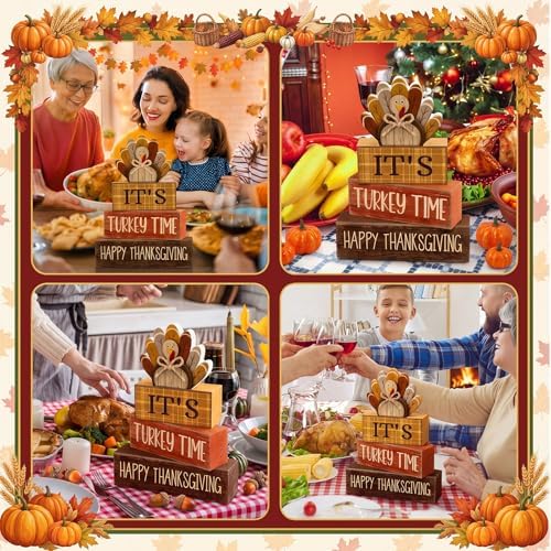Moucuny 4 Pcs Thanksgiving Table Decorations Wooden Turkey Tiered Tray