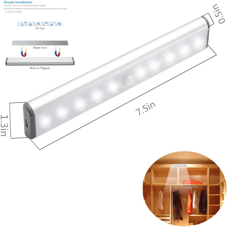RXWLKJ Stick-on Anywhere Portable Little Light Wireless LED Under Cabinet Lights 10-LED Motion Sensor Activated Night