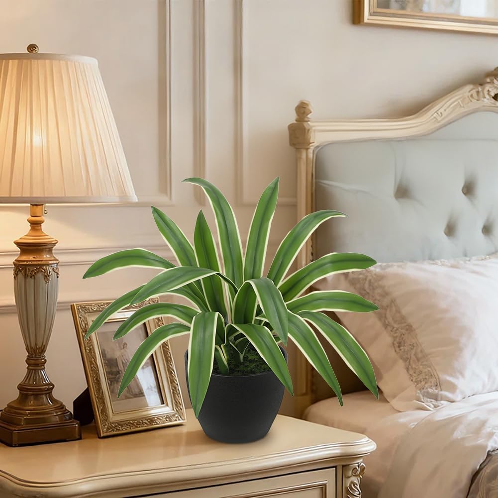Artificial Cymbidium Leaves Plants 13.7" Fake Spiked Agave Plant in Black Pot Faux / Yellow