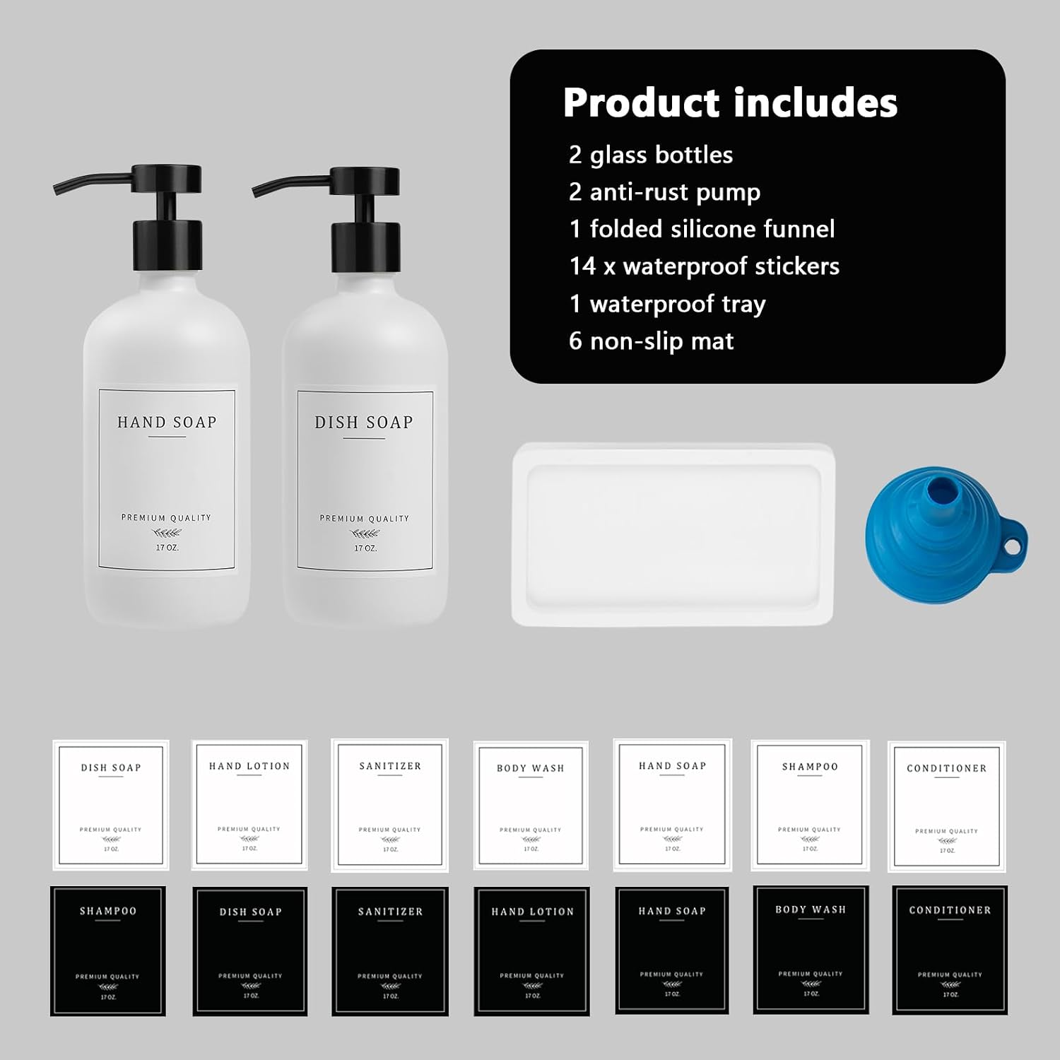 Kitchen Soap Dispenser - Hand and Dish Soap Dispenser Set, Bathroom Glass Soap and Lotion Dispenser with Pump, Tray, 14