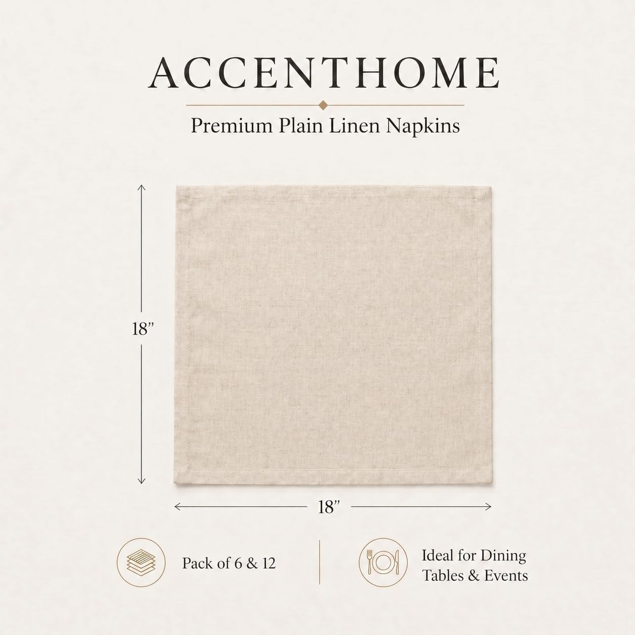 ACCENTHOME Natural Cotton Linen Napkin Set of 12 18x18 inch Dinner Napkins | Cotton Linen Blend Napkins, Machine Wash