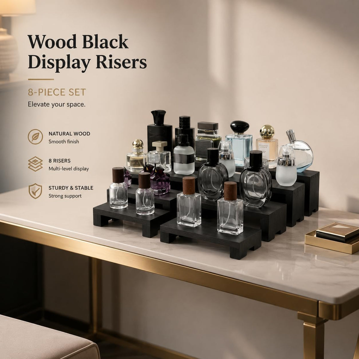 Yikaroeli Large Display Wood Risers Wooden Display Stand 4 Tiered Wood Racks Decorative Rectangular, 4 Set 16 Pieces