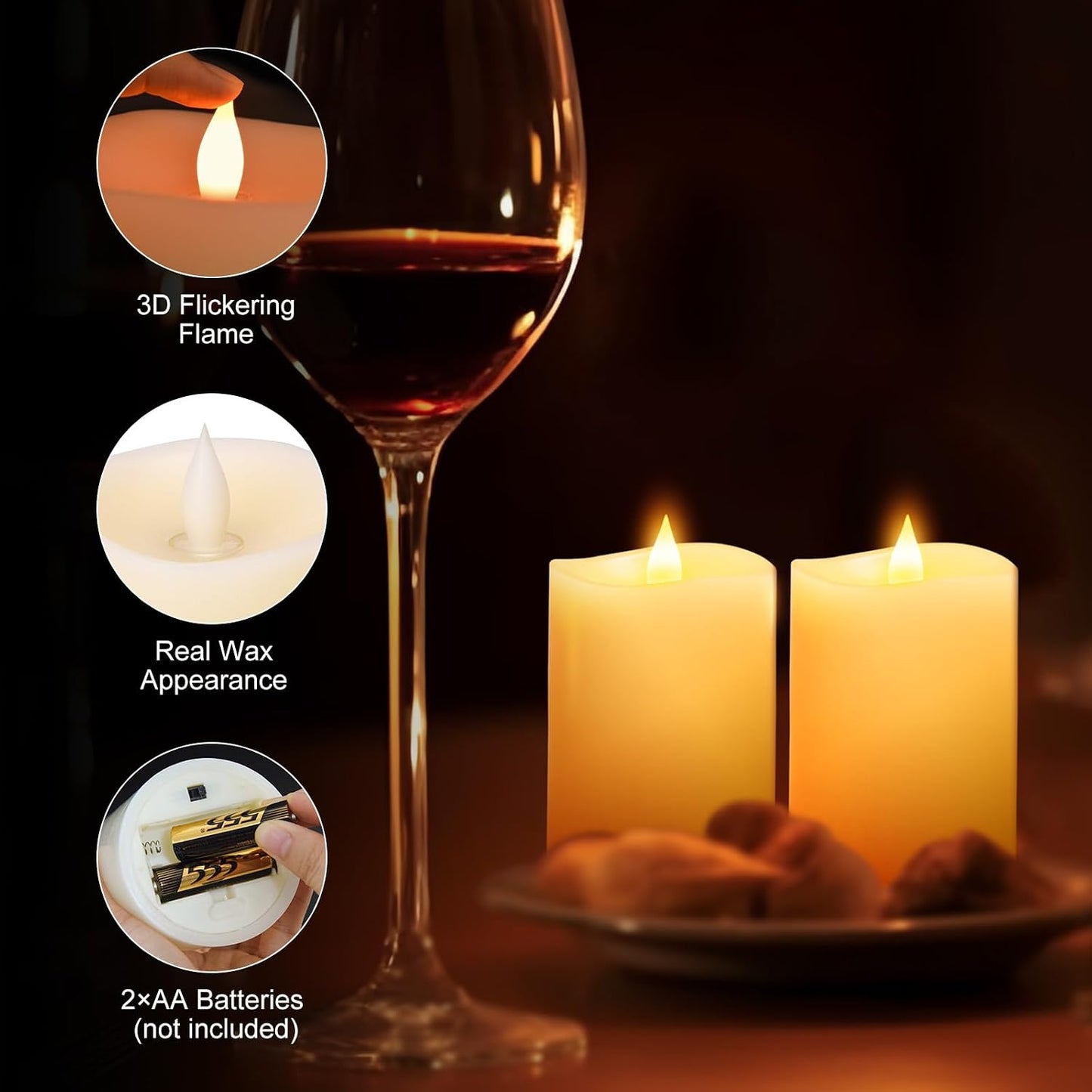 3x4 Flickering Flameless Candles Set of 2,Real Wax LED Battery Candles,with Timer,4 inch Flameless Candles with