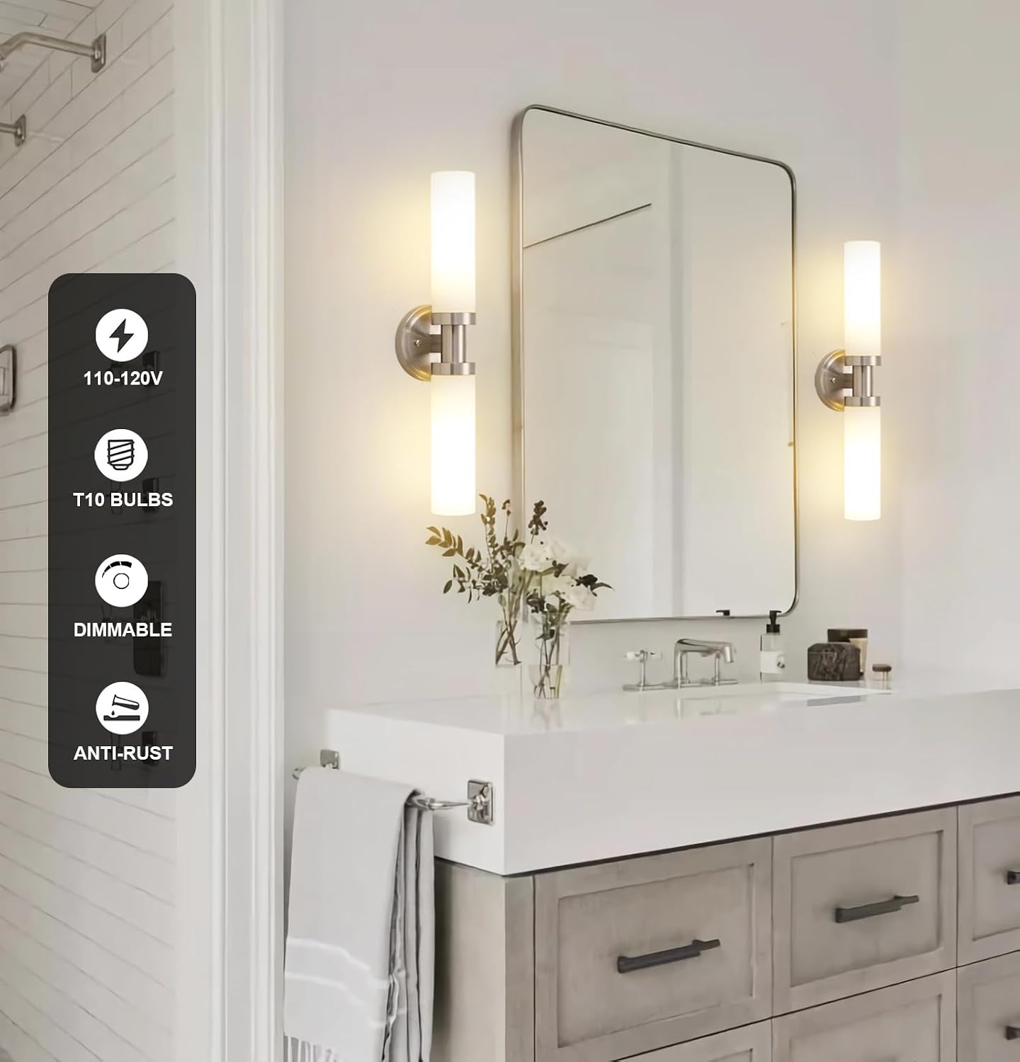 Brushed Nickel Bathroom Light Fixtures, 2-Light Vanity Lights W/White Glass Shade, Modern Sconces Wall Lighting for