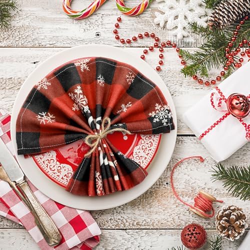 Funnymoom 24 Pcs Christmas Buffalo Plaid Cloth Napkins Red White 15x15