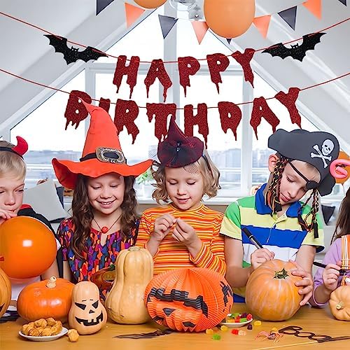 Happy Birthday Halloween Banner – Red Glitter Dripping Blood-Style Paper Letter Garland with Black Bat Accents for Scary Birthday Party, Vampire, Gothic and Horror Decorations