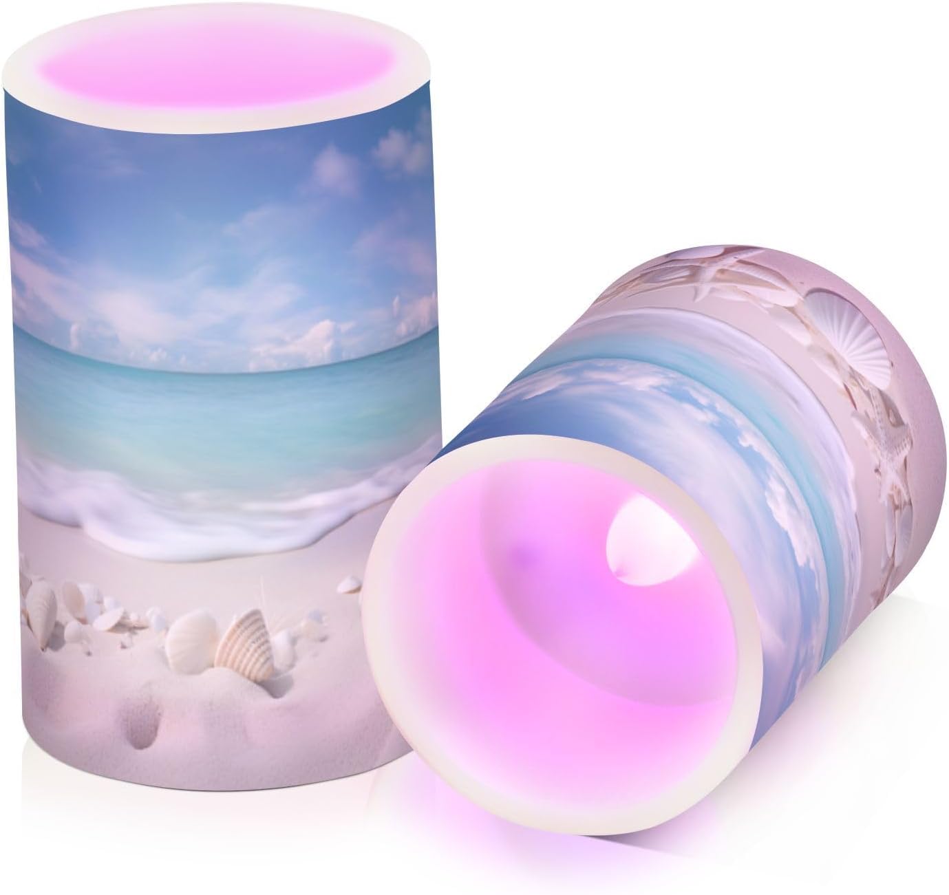 Flickering Flameless Candles, Starfishes Seashells Beach Blue Sky LED Candles with Remote Timer, Set of 2 Battery