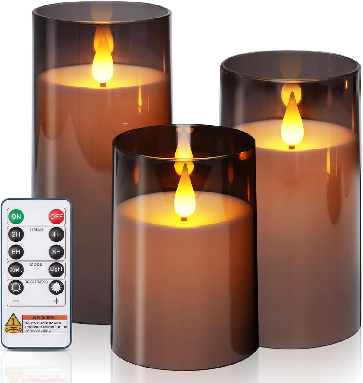 Homemory Gray Flameless Candles, Battery Operated Acrylic LED Pillar Candles with Remote Timer, Realistic Flickering Fake Candles for Home Decor, Wedding, Party, Halloween Decorations, Set of 3