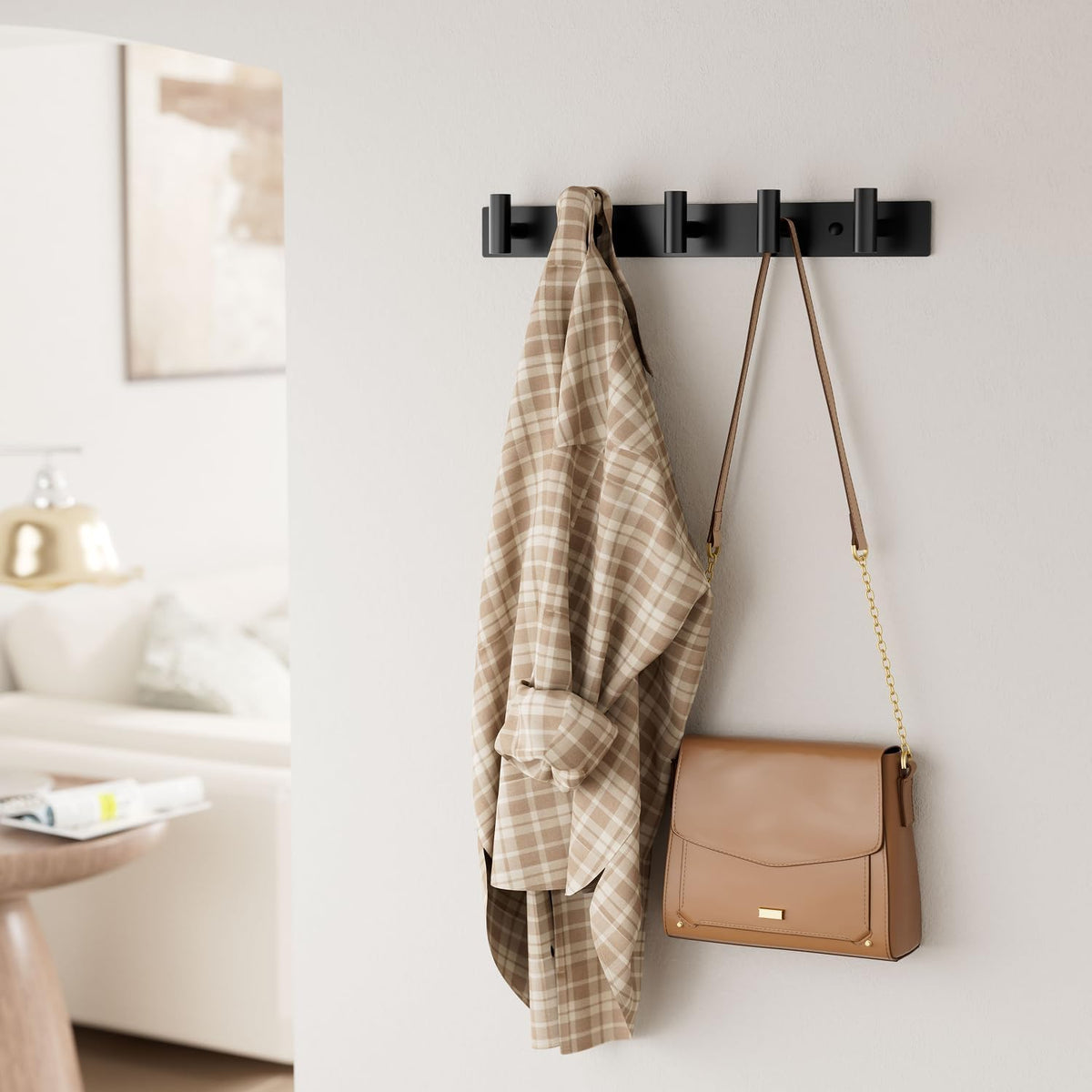 Black Wall Mounted Coat Rack – 5 T-Shaped Hooks on 16.5" Rail, (2 Pack) | for Hanging Hats, Bags & Towels, Heavy-Duty