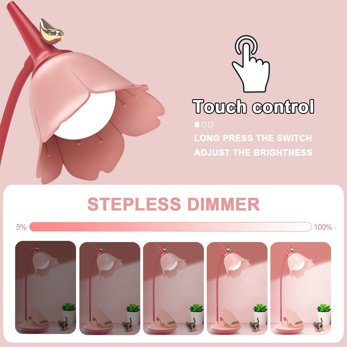 Pink Desk Lamp with Clamp, Rechargeable LED Small Lamp, Adjustable Gooseneck, Dimmable Cute for Kids Girls Bedroom Dorm