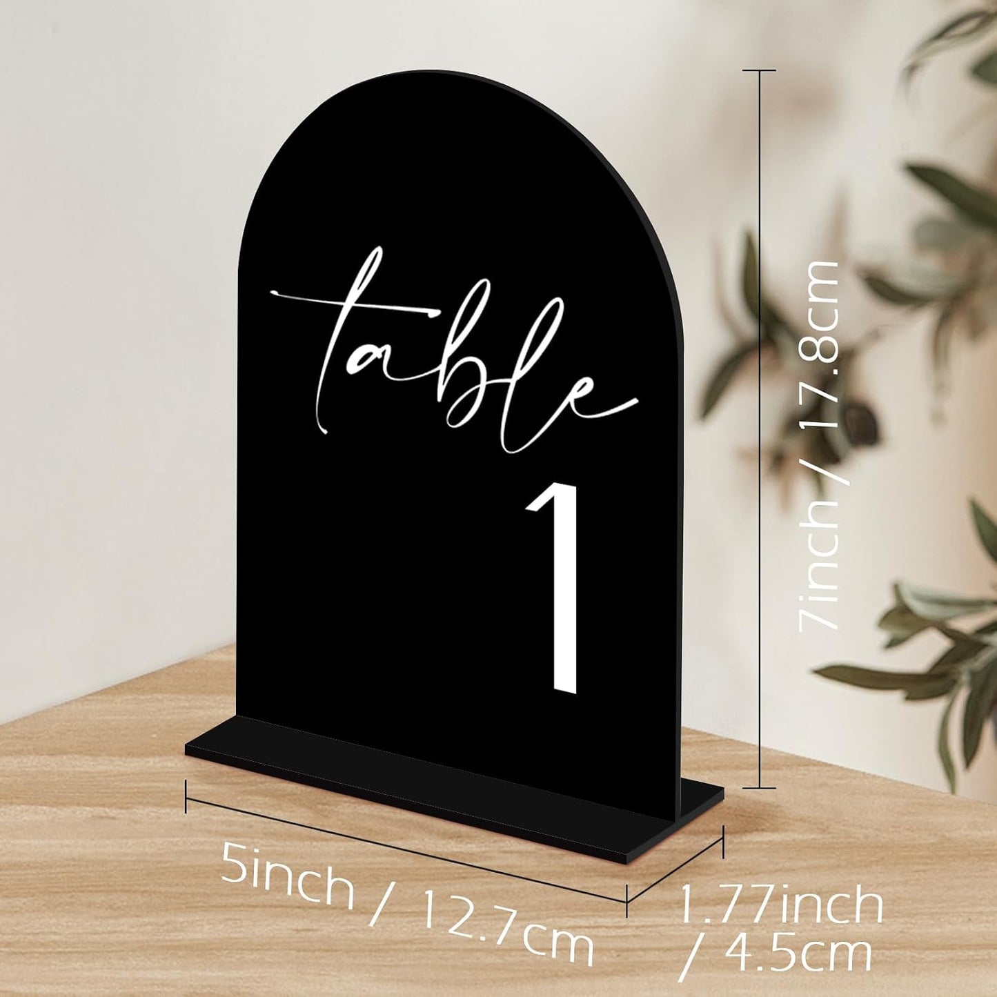 Black Arch Acrylic Table Numbers with Stands 1-30, 5x7" Black Arched Acrylic Sign and Bases, Arch Table Numbers for