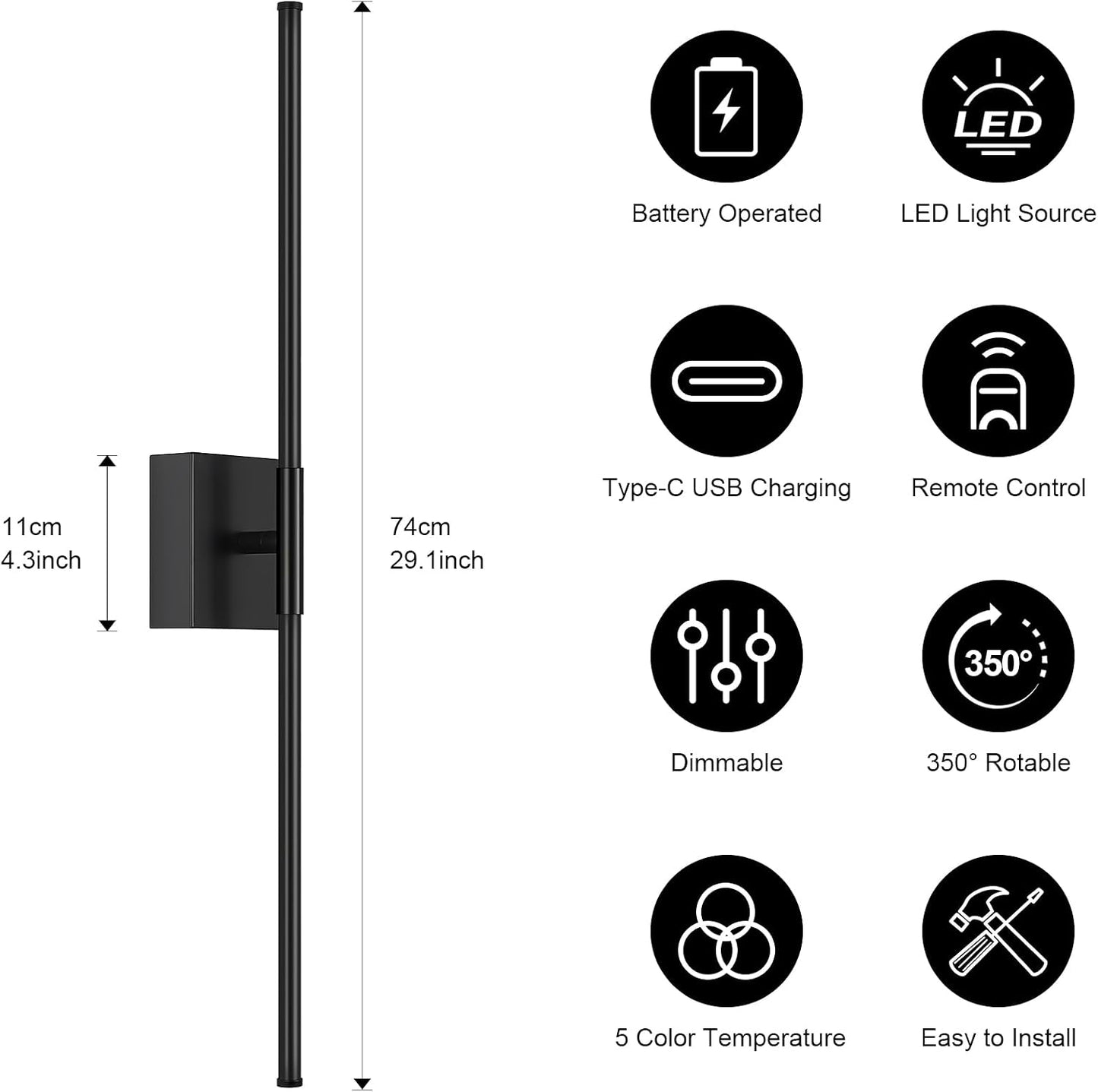 Battery Operated Wall Sconce Set of Two with Remote Control, 3000K-6000K Dimmable Black Wall Lights, Timable LED