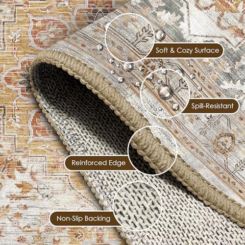 Washable Area Rug 6' x 9' Vintage Traditional Persian Mat - Foldable Distressed Non-Slip Machine Washable Carpet for