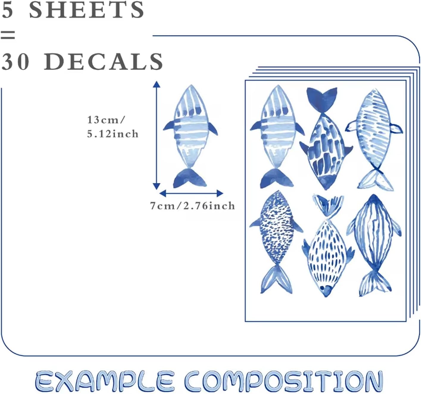 Hand Drawn Watercolor Fish Underwater World Wall Decals Waterproof / Blue Fish / Set of 30