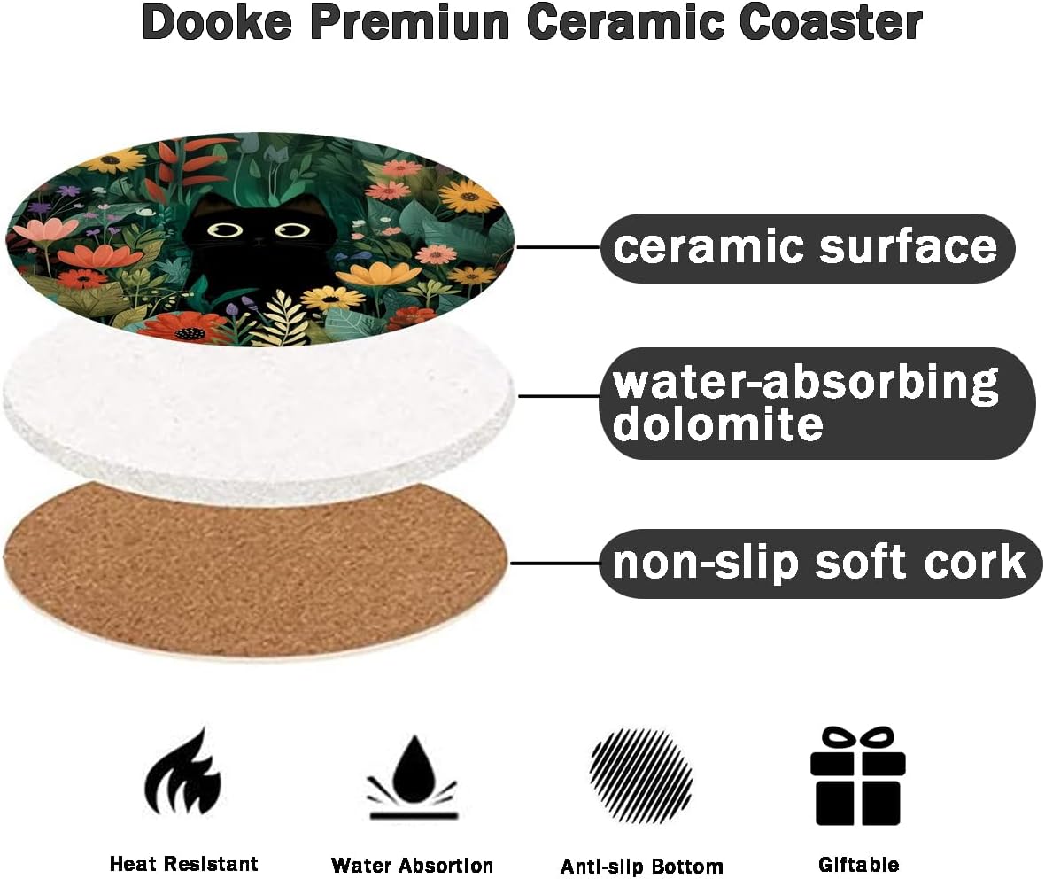 Round Absorbent Ceramic Stone Coasters / Cute Cat / Set of 6