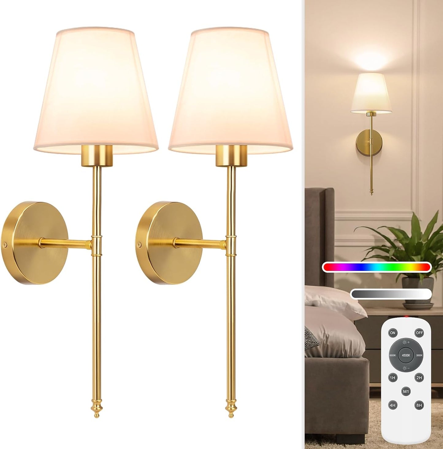 NIORSUN 19.9 inch Battery Operated Wall Sconce Set of 2,Gold Rechargeable Wall Lights with 10400mAh Dimmable Detachable
