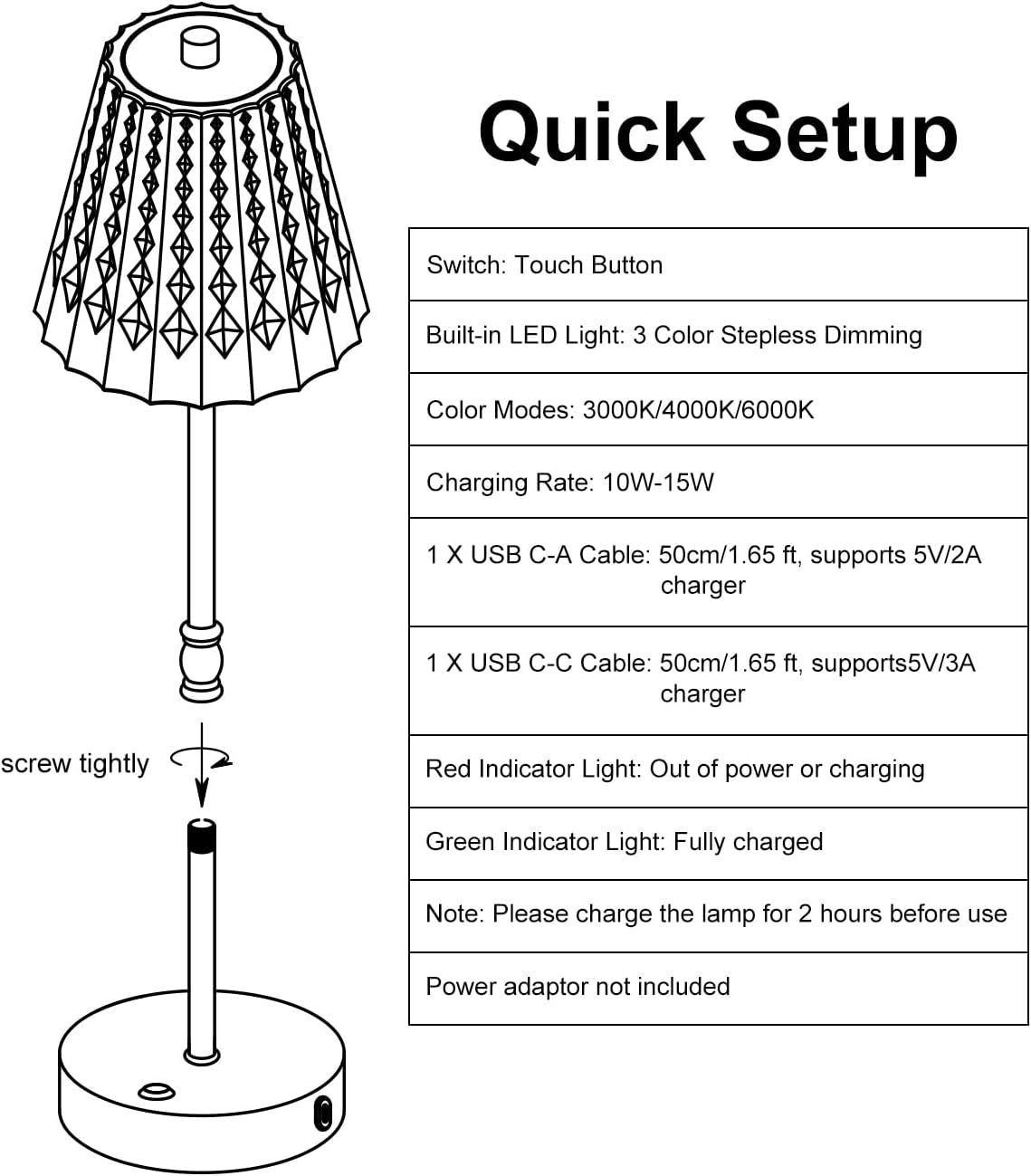 Cordless Crystal Lamp Battery Operated Touch Dimming 5000mAh Table Lamps | 3 Colors Modes, Rechargeable LED, Sepless