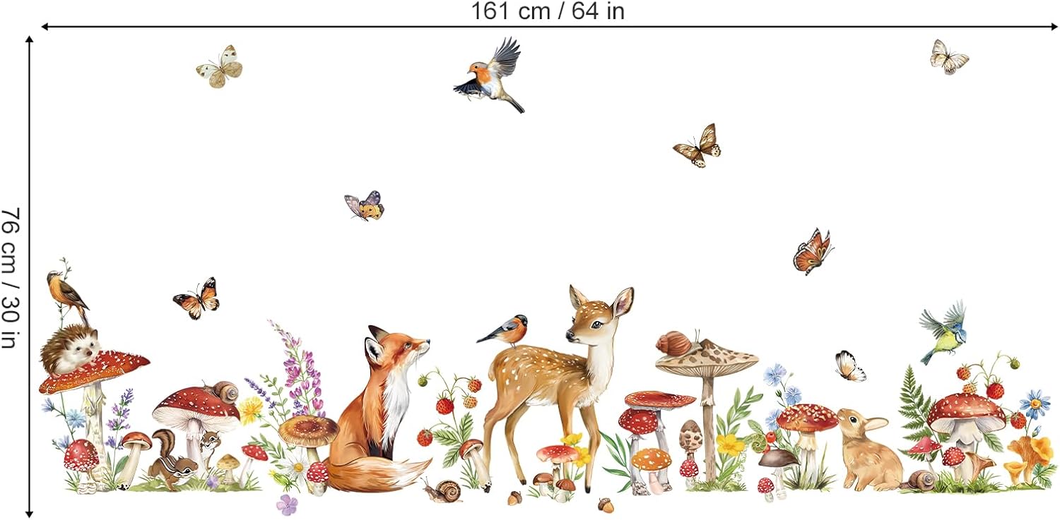 Woodland Animal Wall Stickers Mushroom Deer Fox Peel and Stick Wall Decals for Kids Bedroom Baby