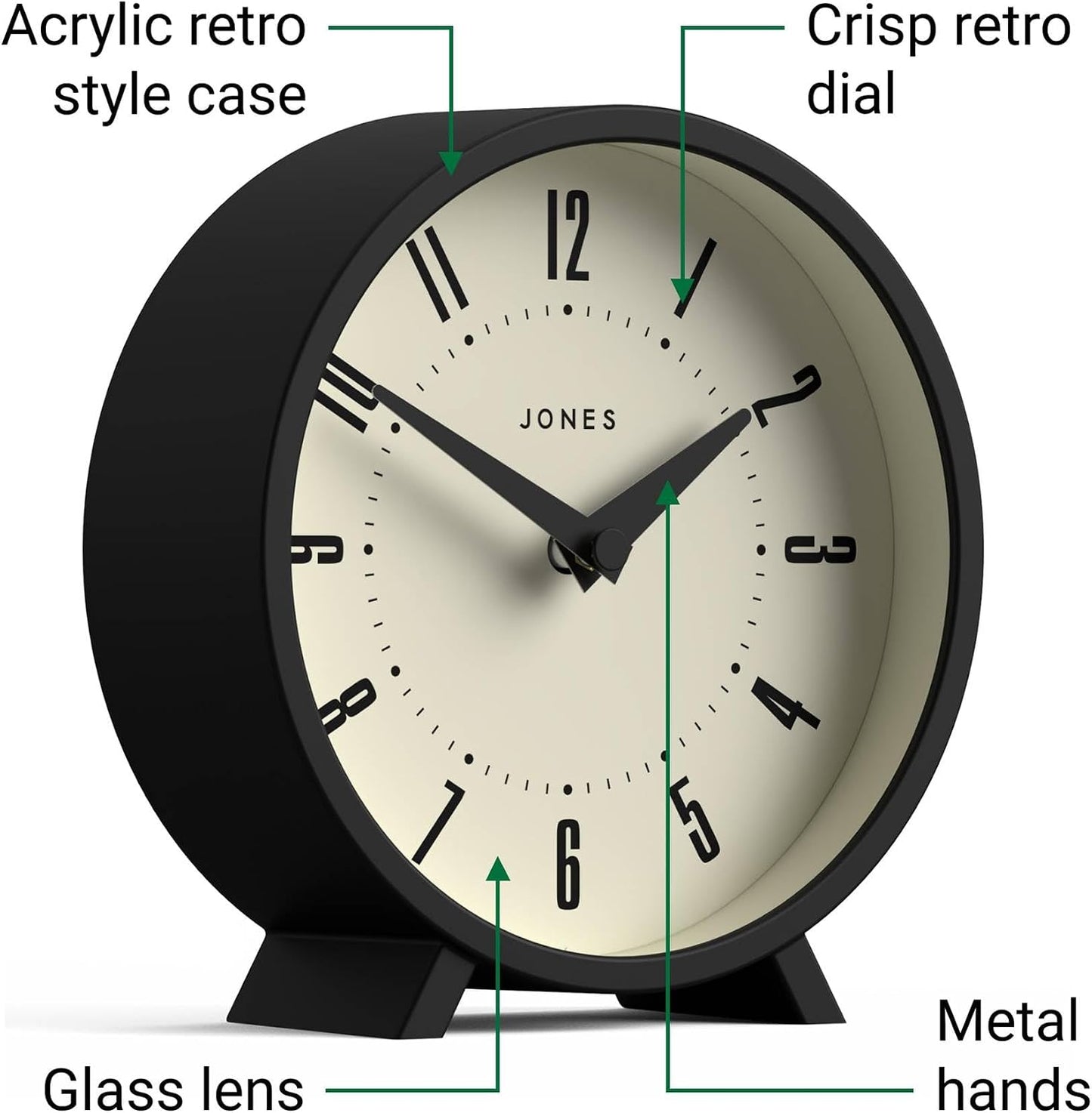 JONES CLOCKS® Venus Desk Clock | Modern Round Design | Black | Stylish Retro Look for Shelf, Table, Mantel or Bedside