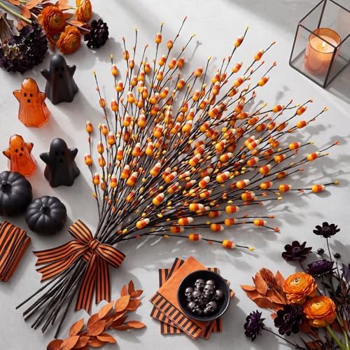 8 Pcs 20 Inch Halloween Candy Corn Artificial Stems Berry Spray with Fake Candies for Halloween Party Spooky Decoration, Faux Twigs and Branches for Vases Arrangement for Fall Season