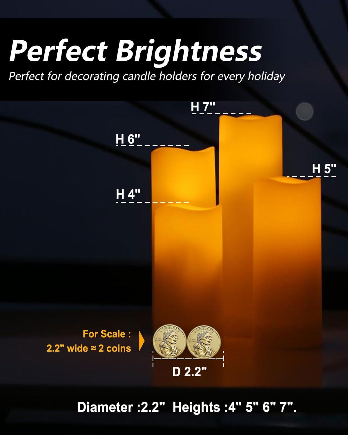 Flameless Candles, LED Flickering Candles Set of 10 (H 4" 5" 6" 7" xD 2.2") Waterproof Candles, Resin Plastic, Indoor