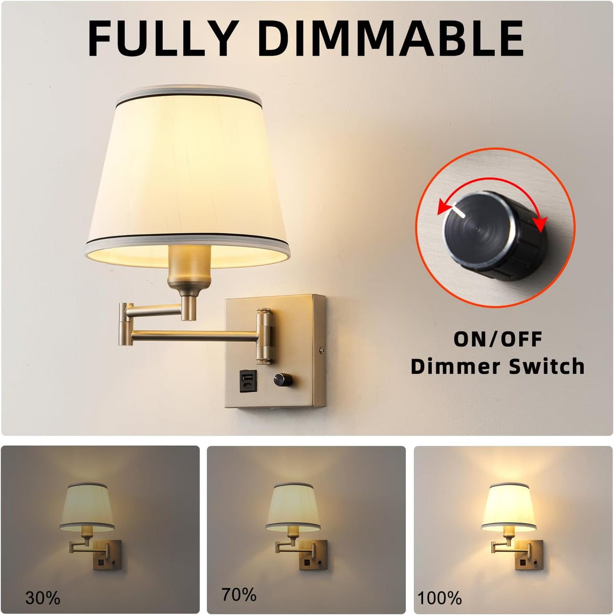 Swing Arm Wall Lamp, Satin Nickel, White Fabric Shade | Type-C and USB Charging Port, Dimmable Switch, Plug in Wall