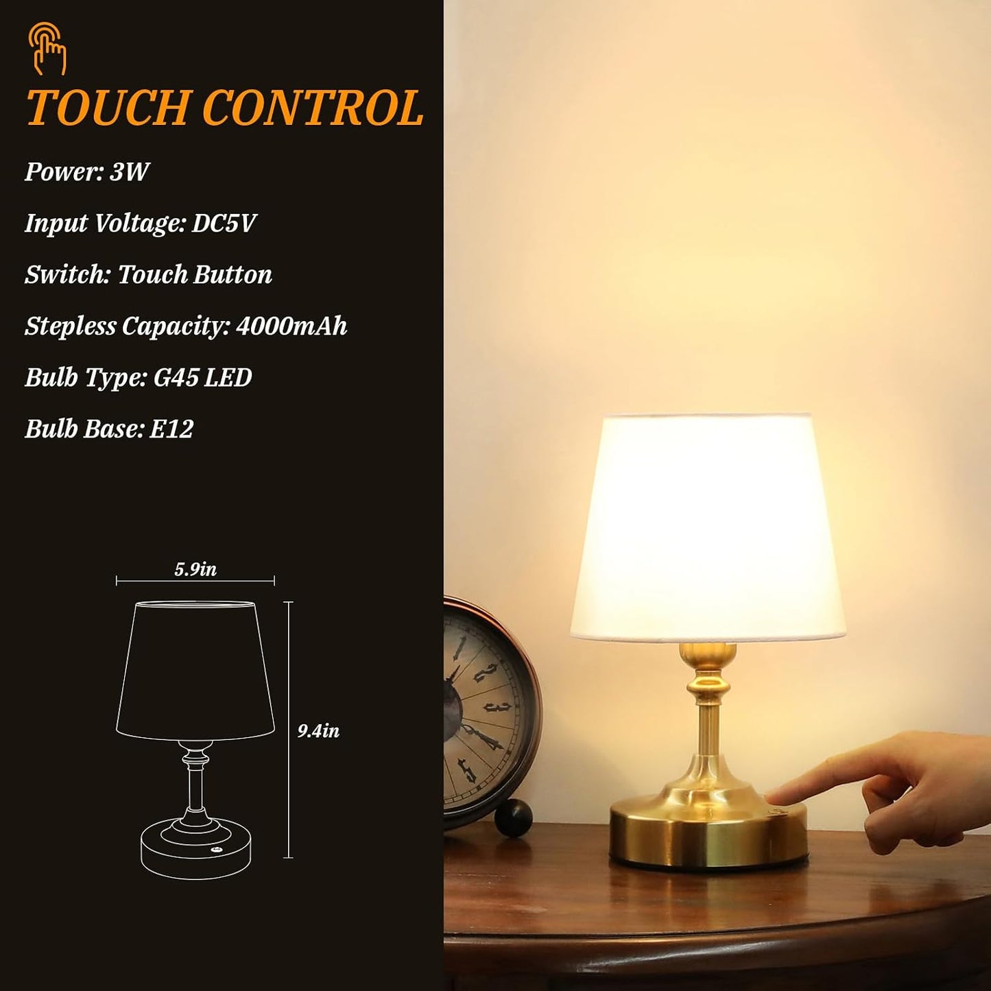Kakanuo Mini Cordless Table Lamp Gold - 1 Pack 4000mAH Battery Operated Lamp for Decor, 3000K Stepless Dimming Touch