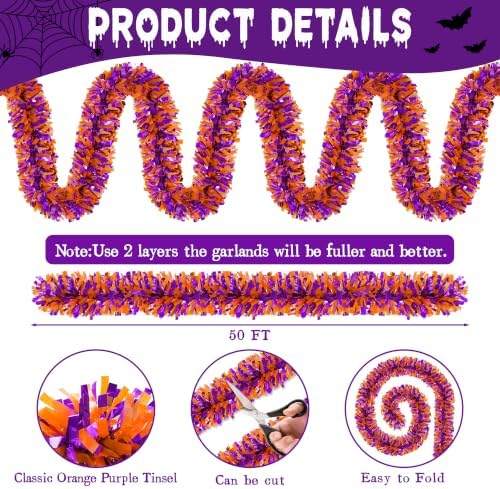 50FT Halloween Garland,Purple Orange Tinsel Garland Halloween Decorations