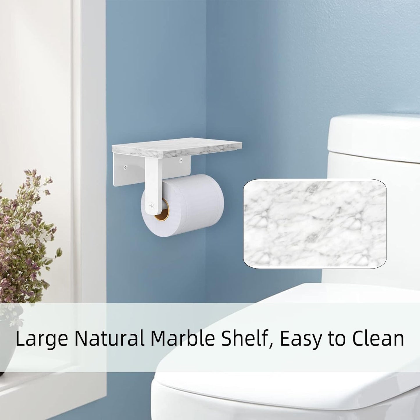 Gypie Toilet Paper Holder with Marble Shelf, Wall Mounted White | Stainless Steel, Tissue Roll Paper Holder Dispenser