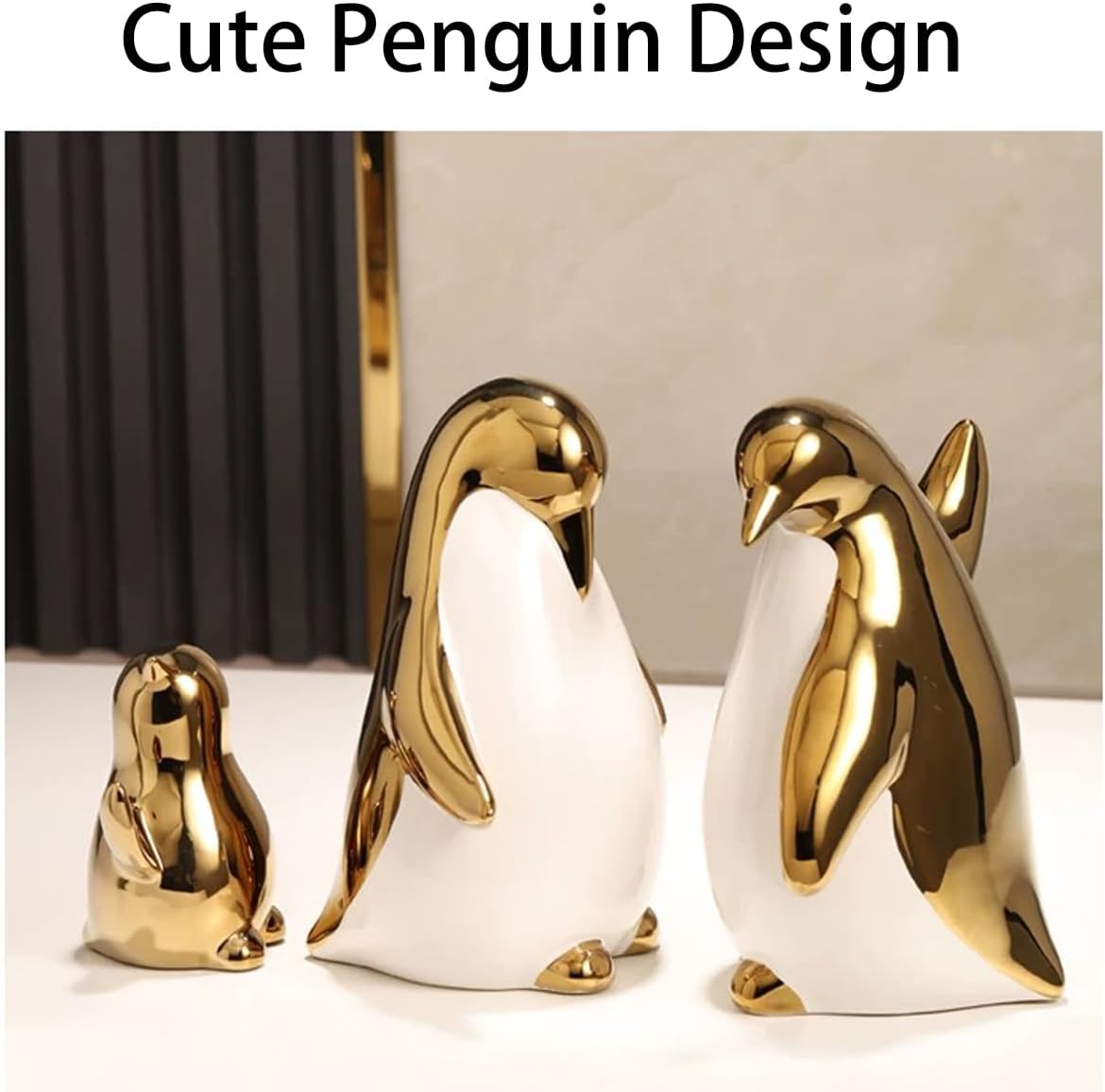 Ceramic Statues Aesthetic Abstract Penguins Sculpture Modern Home Decor / White Gold / Set of 3